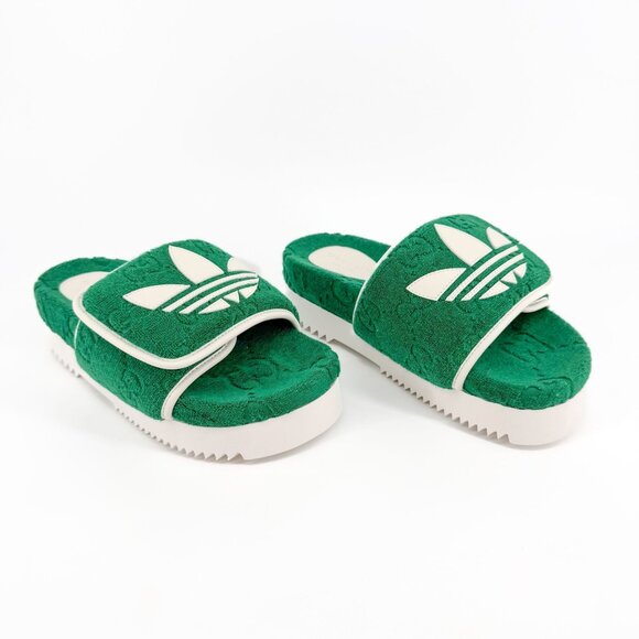 Gucci x Adidas GG Platform Slide Sandals EU 37 US 7 Green Monogram Terry Mule - Picture 1 of 12